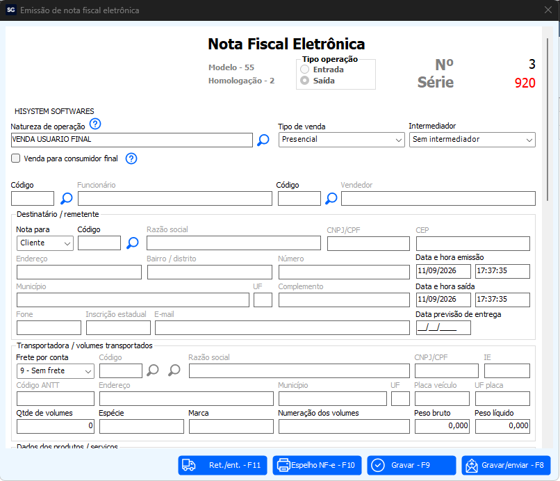 Telas do SG Master Tela para emissão de NF-e